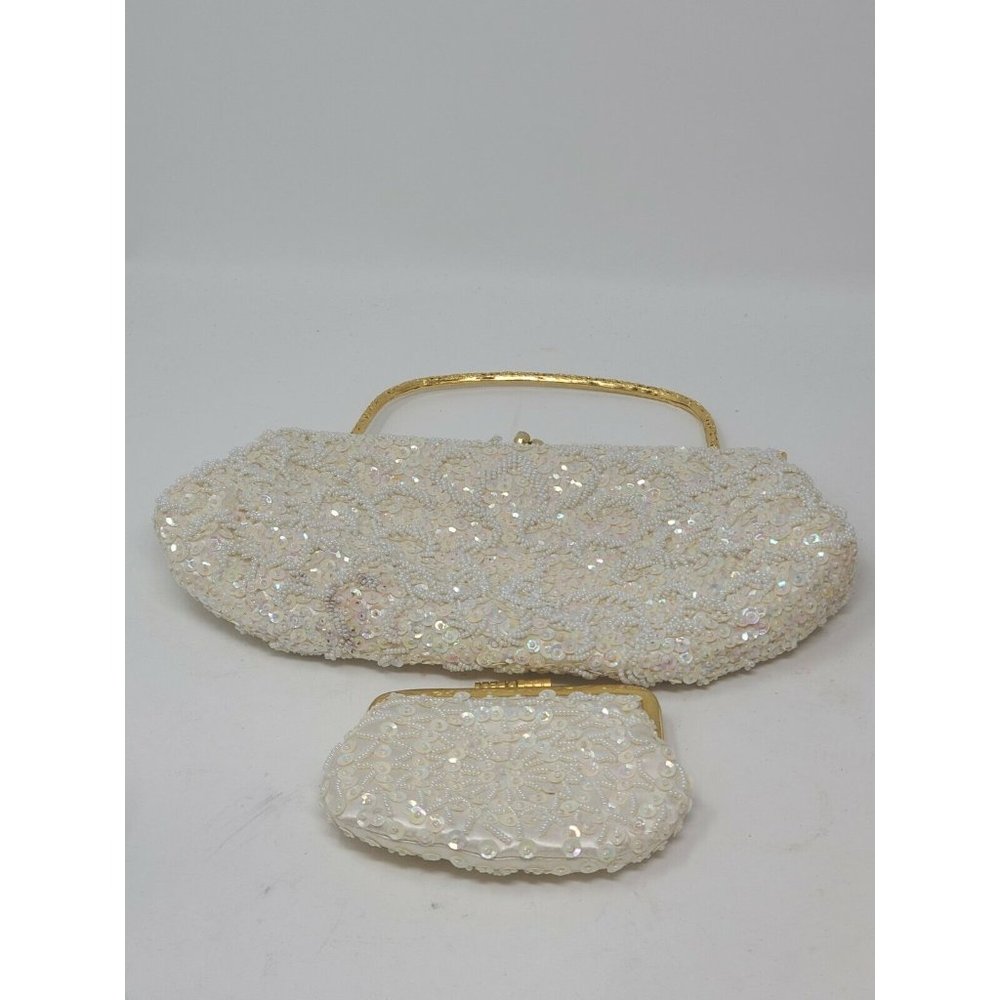 Vintage Hand Made Beaded Sequins Evening Hand Bag & Coin Purse Set White / Gold